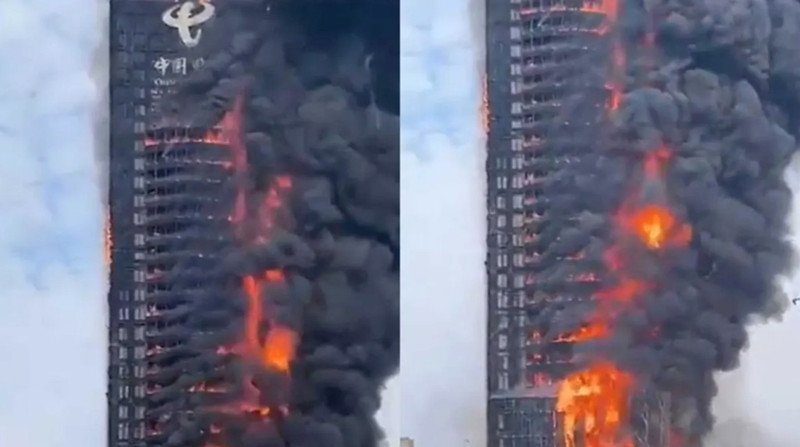 Big fire at China Telecom skyscraper, China